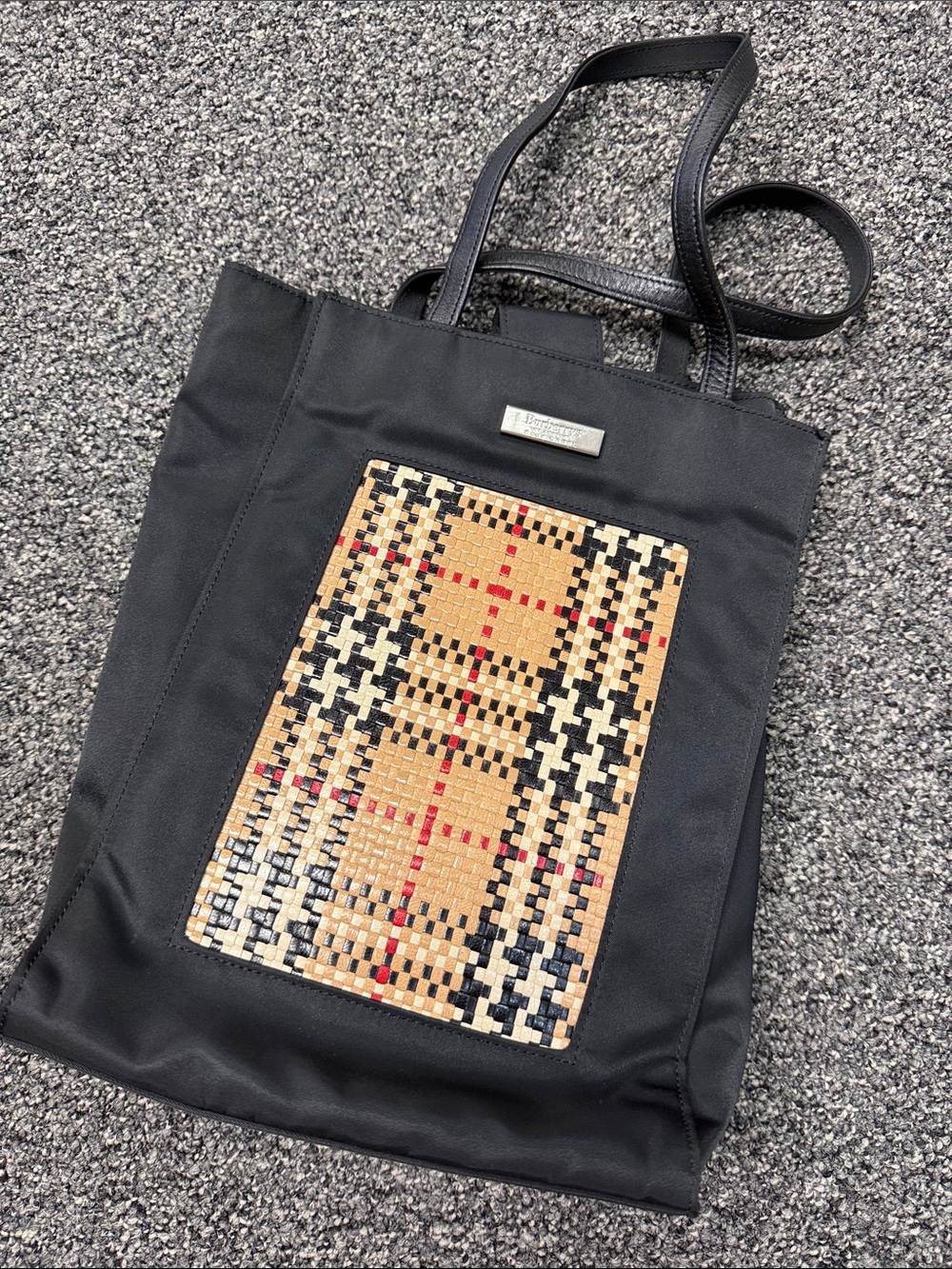 Burberry Black Tote with Beige Check Woven Panel